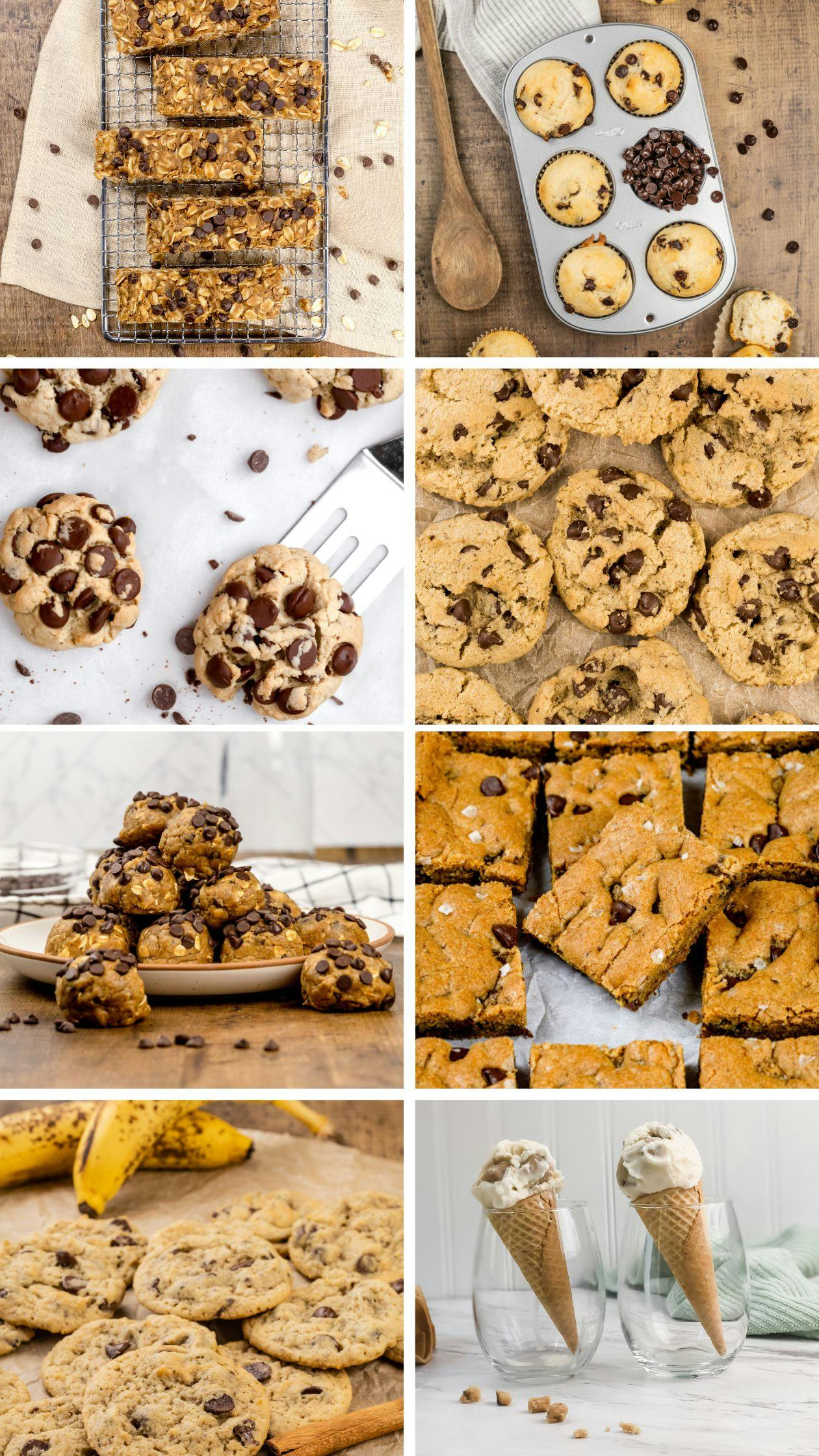 Collage of many different chocolate chip recipes like cookies and ice cream. 