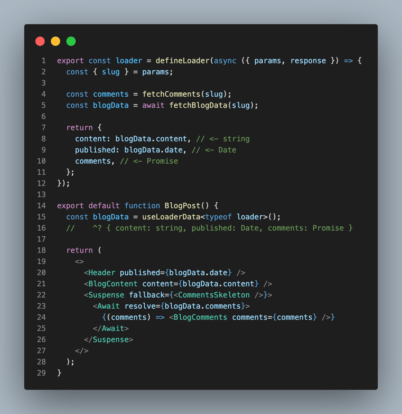 Code example using defineLoader to get type safety when using Single Fetch