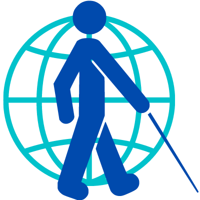 The Site Unseen logo - a blue stick figure walks with a cane in front of a globe