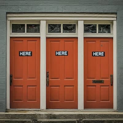 A set of three adjacent red doors, each closed and labeled "HERE"