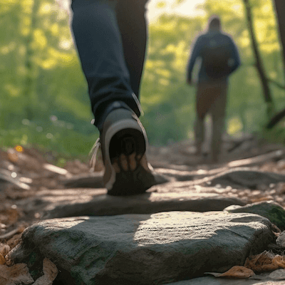 Close up of feet walking uphill on a wooded trail