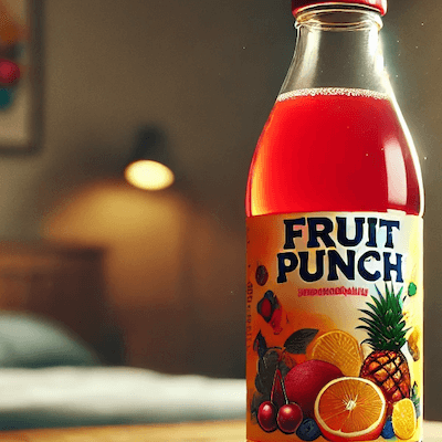 A bottle of red fruit punch sits on a table with a bed in the background.