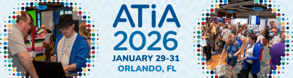 Two circular snapshots of people connecting in a conference exhibit hall enclose the text "ATiA 2026 January 29-31 Orlando, FL