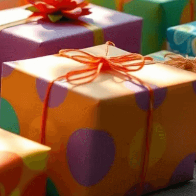Brightly wrapped square gift boxes in different colors and patterns are lined up neatly on a tabletop in soft daylight.