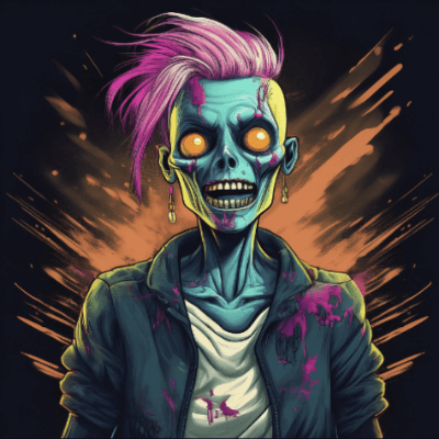 A smiling cartoon zombie with pink hair atop a bare skull wearing a light t-shirt and dark grey jacket stands in front of an exploding orange light.