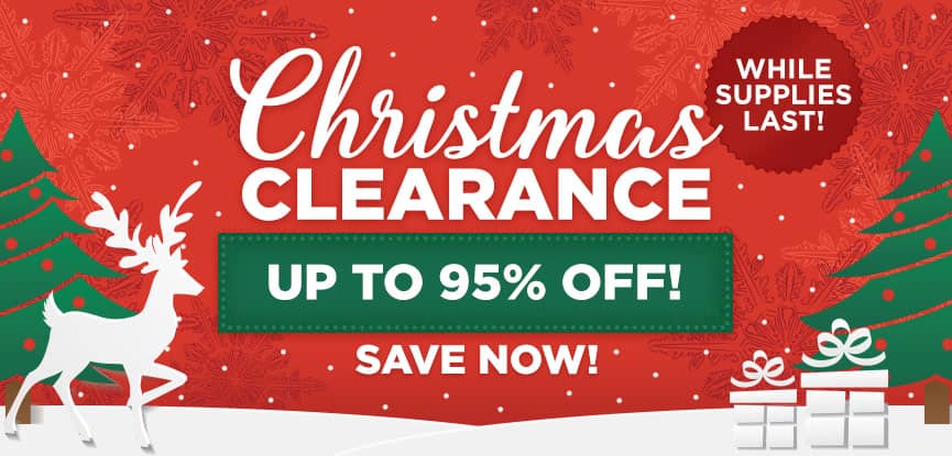An image promoting a last-minute Christmas sale with bright red and green colors. The image text reads "Christmas Clearance. Up to 95% off while supplies last! Shop now!"