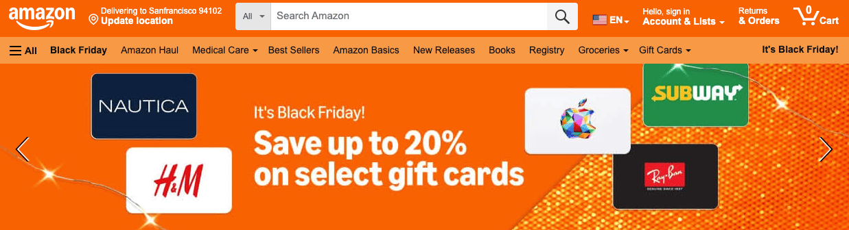 Screenshot of Amazon's Black Friday header featuring a bright color palette with oranges and whites