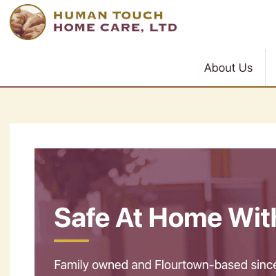 Homepage banner of the new Human Touch Home Care website, with the headline 'Safe At Home With Human Touch Home Care' over a photo of a smiling older woman.