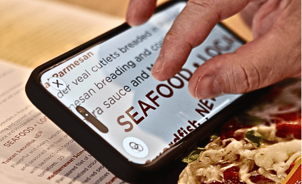 An iPhone with a Case for Vision Ergo attached magnifies a restaurant menu, zoomed in on the word “SEAFOOD,” while a hand pinches the screen to adjust the view.