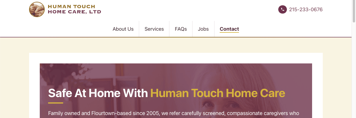 Homepage banner of the new Human Touch Home Care website, with the headline 'Safe At Home With Human Touch Home Care' over a photo of a smiling older woman.