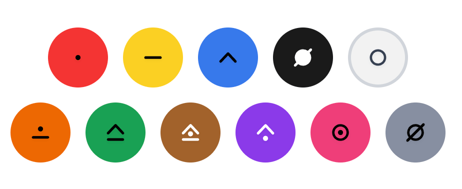 Eleven ColorSym color symbols on filled circles: red with a dot, yellow with a dash, blue with a chevron, black with a filled-in circle, and white with a ring in the top row; orange with a dot and dash, green with a chevron and dash, brown with a chevron, dot, and dash, violet with a chevron and dot, pink with a dot inside a ring, and gray with a circle and slash in the bottom row.