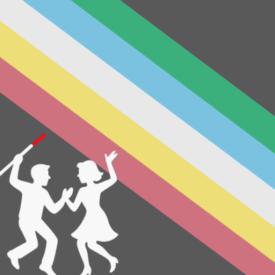 White silhouettes of a man and a woman dance beneath the Disability Pride flag. The man is holding a red-tipped cane in one of his hands.
