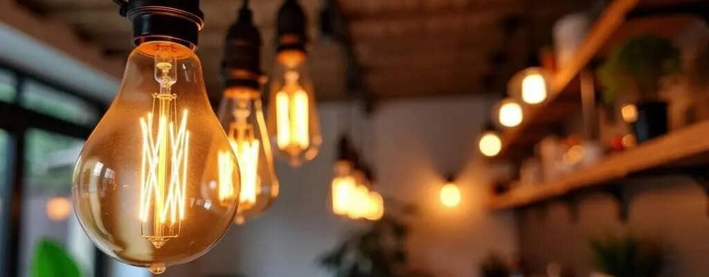 A row of warm, glowing filament light bulbs hanging from the ceiling in a softly lit workspace. The bulbs on the left have sharper focus than the blurred ones in the rest of the room.
