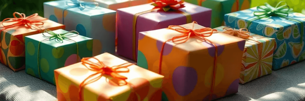 Brightly wrapped square gift boxes in different colors and patterns are lined up neatly on a tabletop in soft daylight.