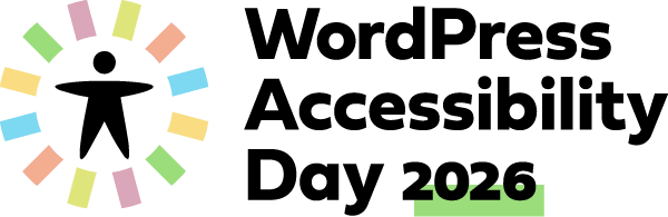 The WordPress Accessibility Day 2026 logo includes this text and the universal accessibility symbol with multicolored lines eminating from it in a circle