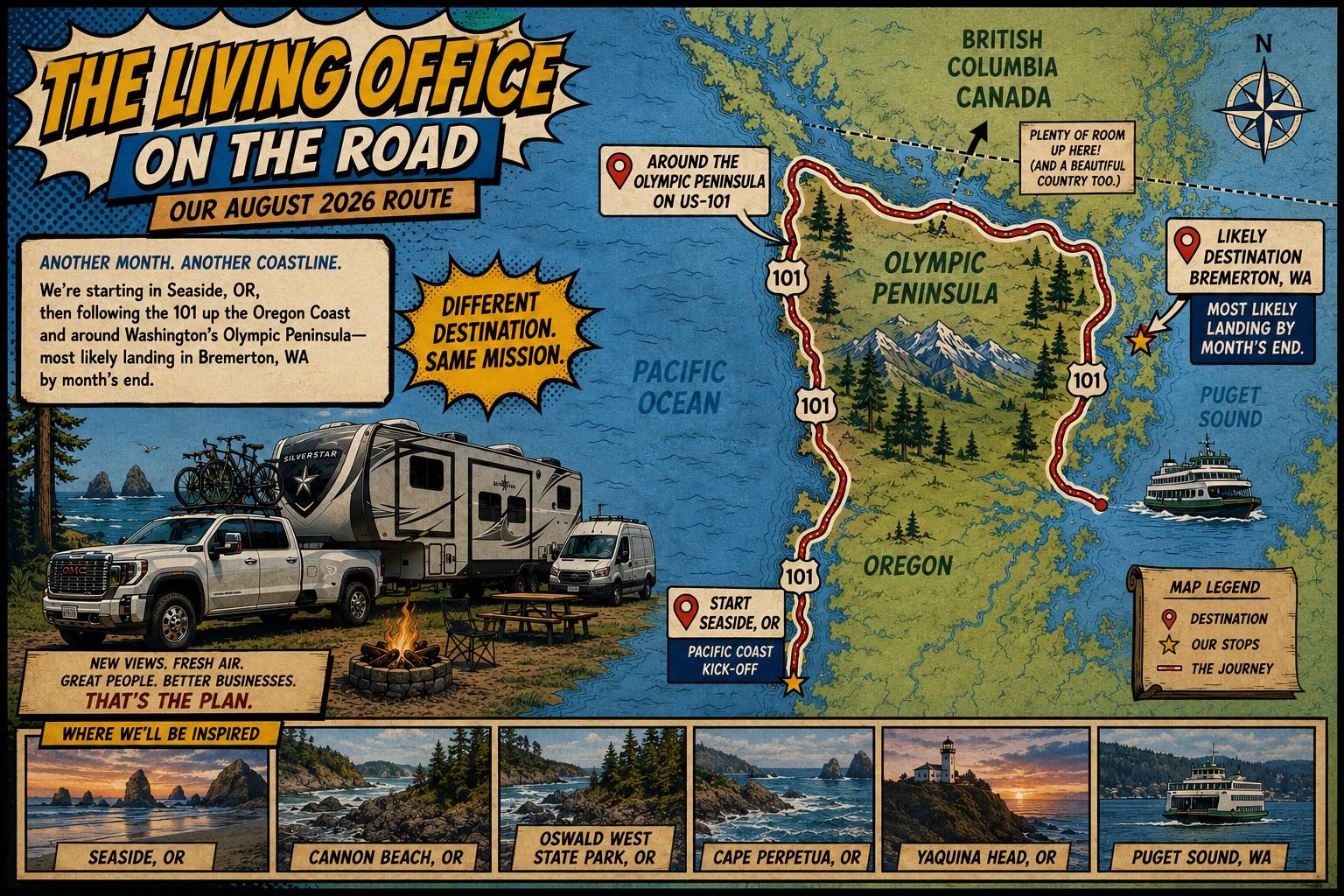The Living Office August 2026 Pacific Coast route from Seaside, Oregon around the Olympic Peninsula toward Bremerton, Washington