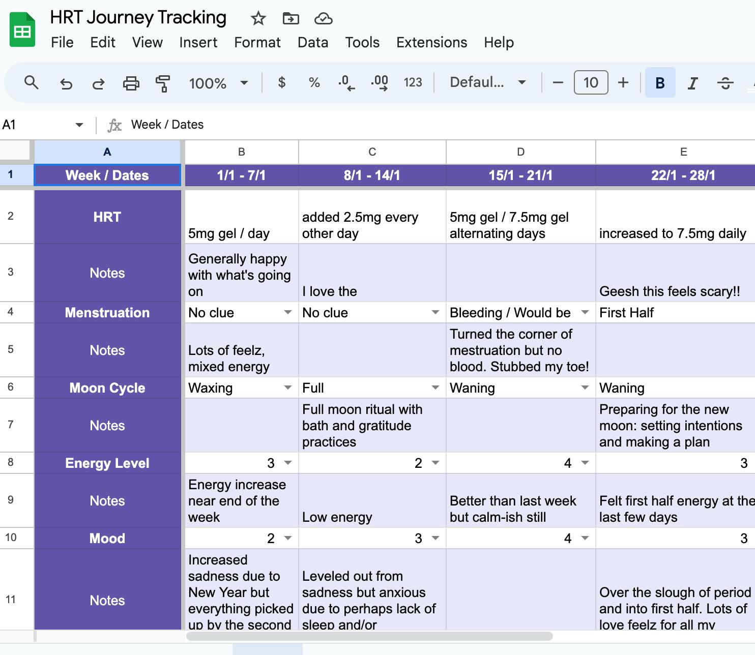 A screenshot of a google sheets tracking document