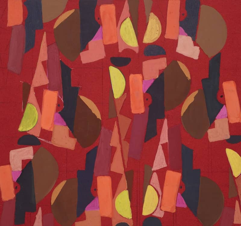 An abstract painting of red and yellow shapes