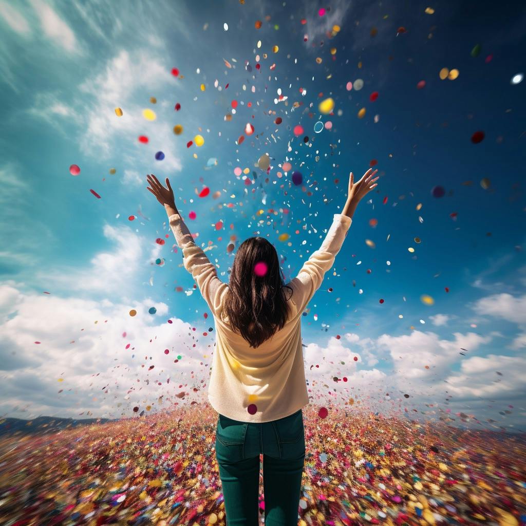 a woman standing in a field of confetti in celebration of herself