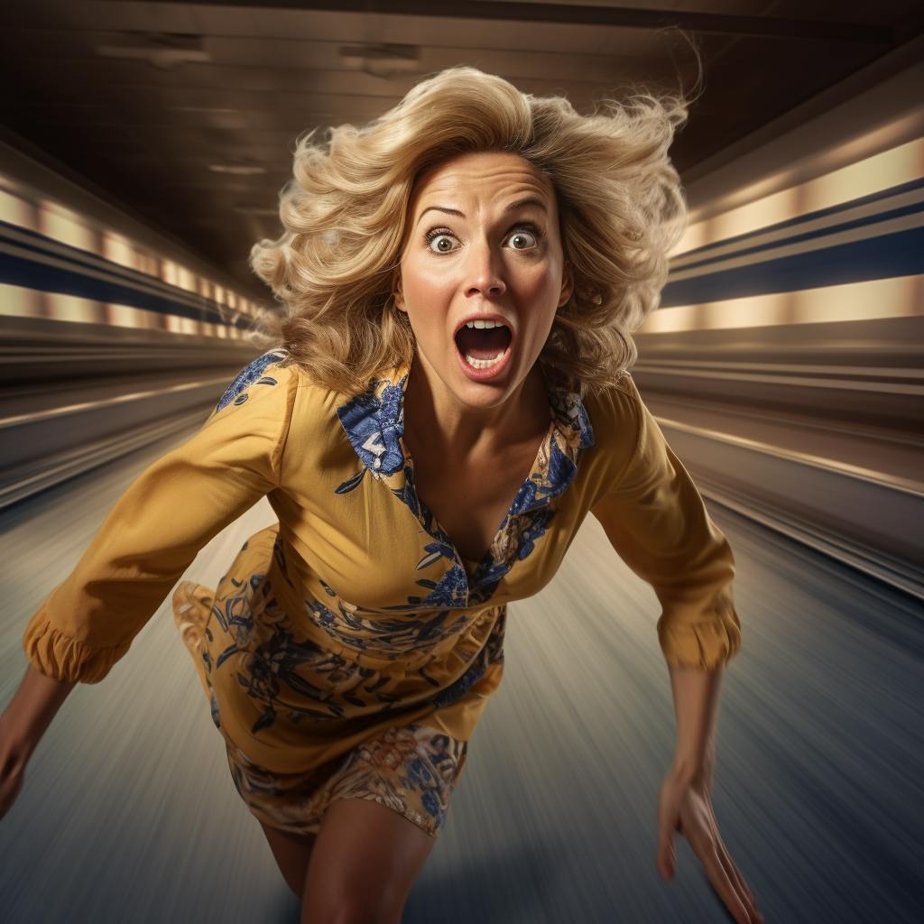 woman rushing through fast-track lane with frantic look on her face
