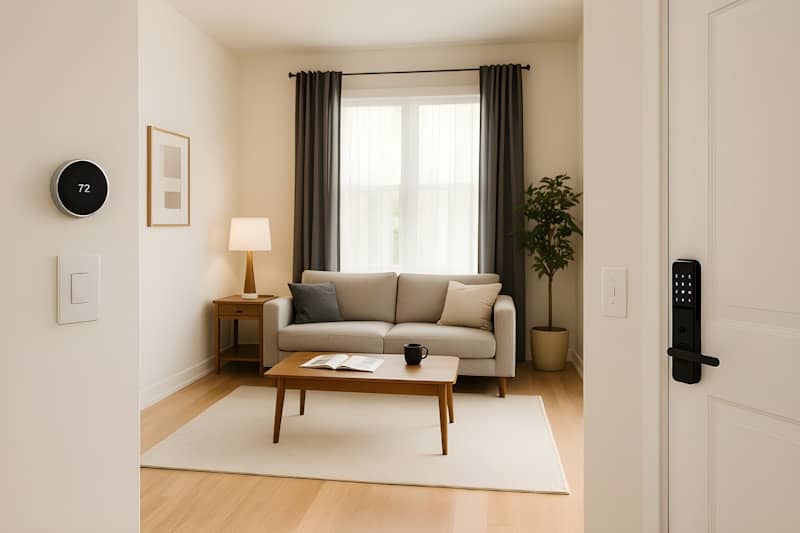 A modern, inviting living room is well-lit.