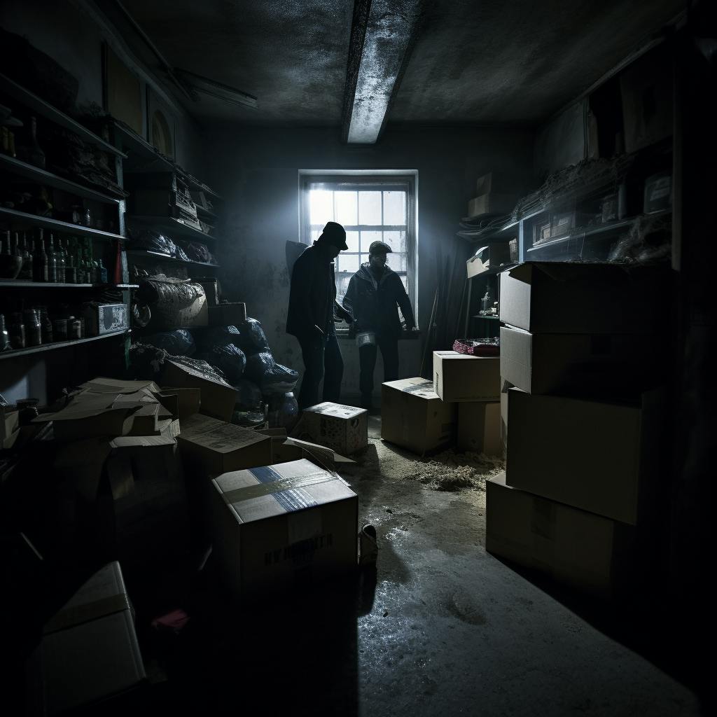 a dimly lit basement with boxes and junk against the walls. In the center of the room, there are two shadowy figures dressed in dark clothing, wearing gloves, and carrying bags of stolen goods. They are cautiously moving towards the exit, trying to avoid 