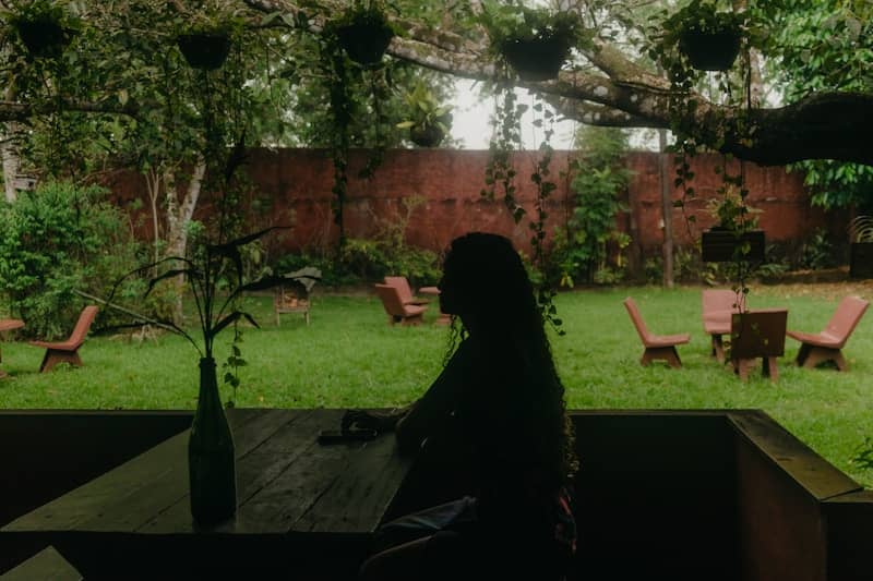 Silhouetted person at a table overlooking a garden
