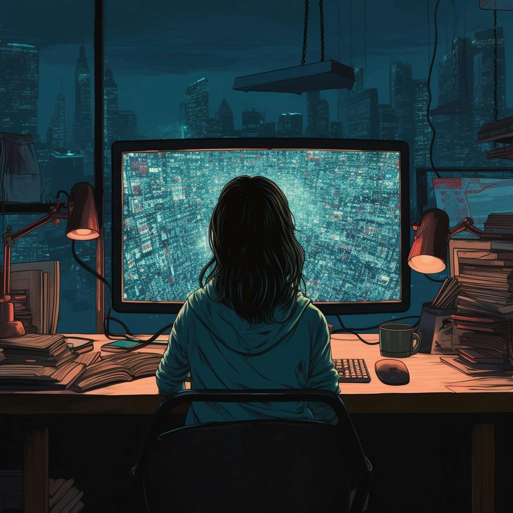 illustration of girl sitting in front of her computer screen against a nighttime cityscape outside her window