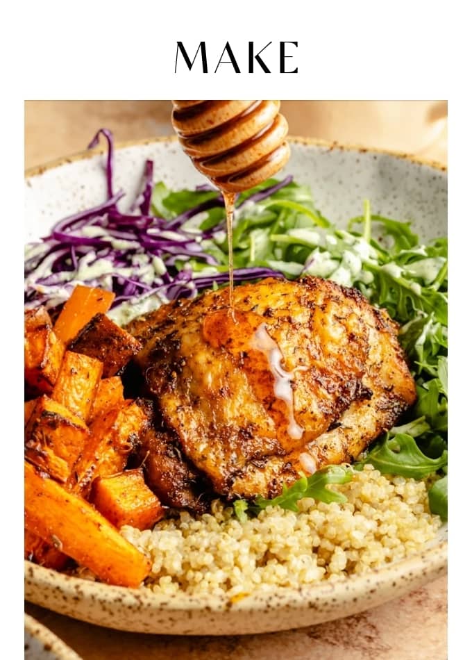 Make sheet pan hot honey chicken and veggie bowl