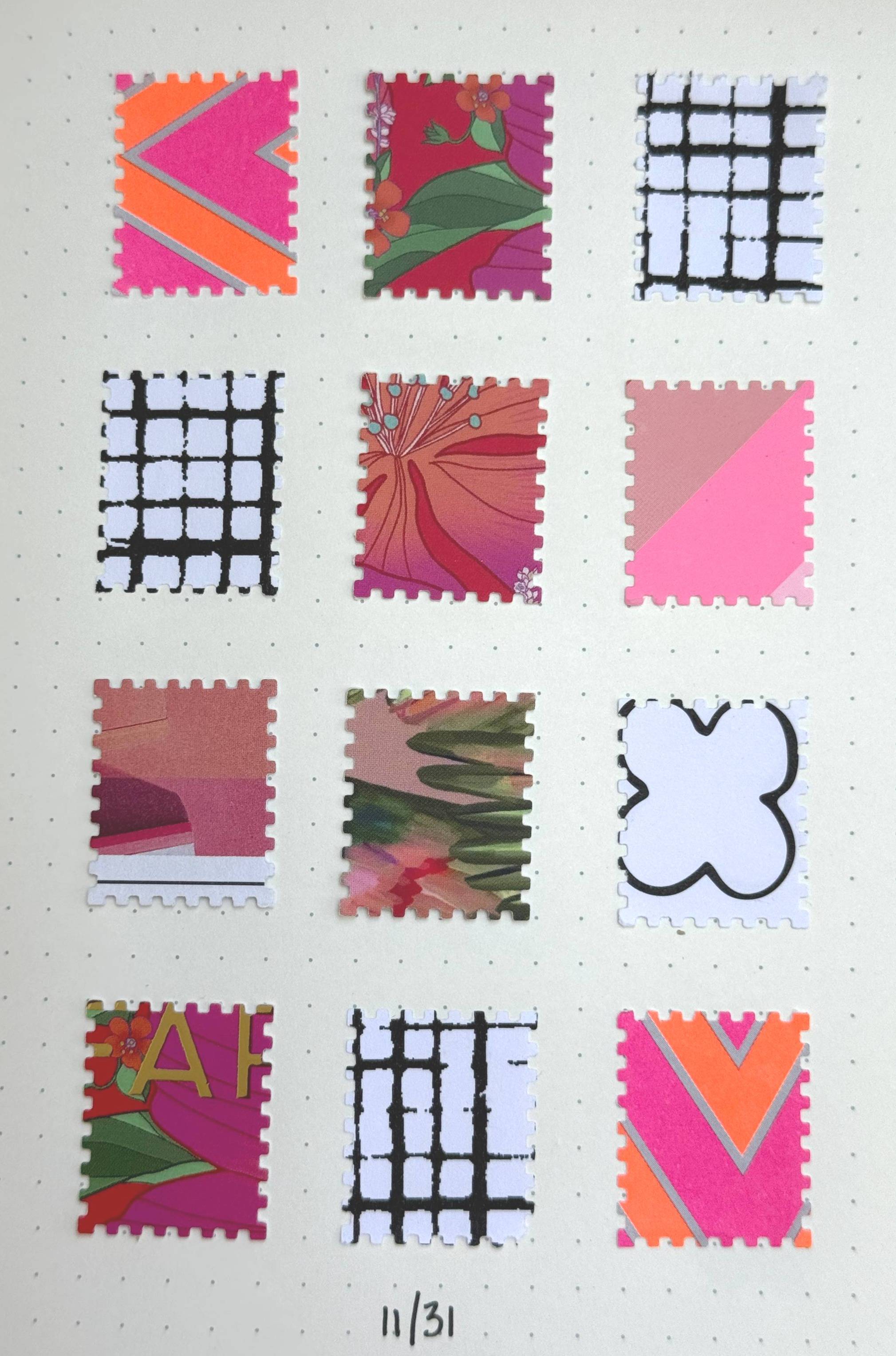 a sketch book for 9 pink and black and white images arranged in 3 columns on the page.