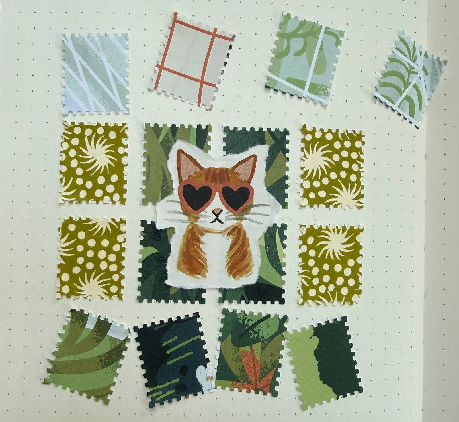 collage of tiny stamped images and a cat with sunglasses.