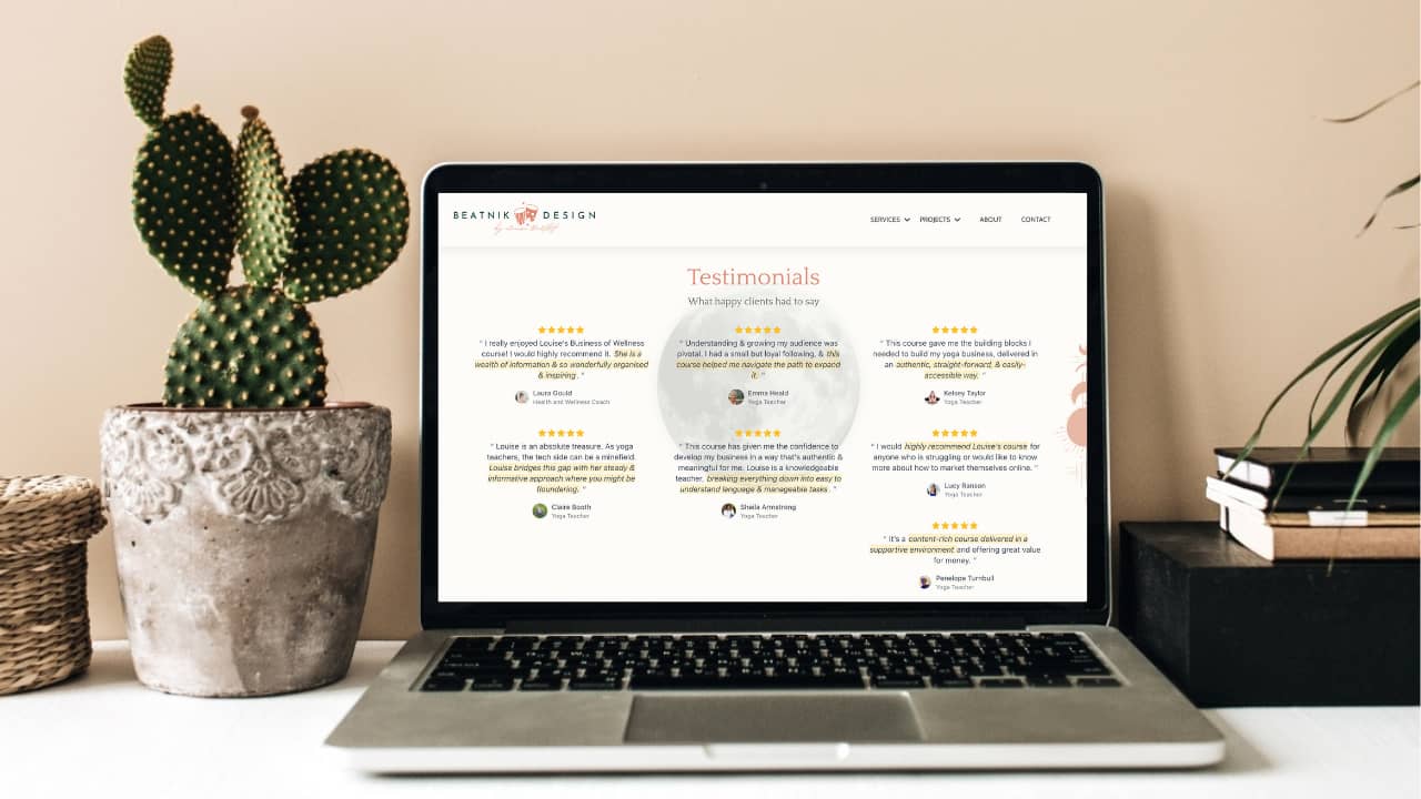 photo of a laptop on a table, with a page of testimonials on the screen.
