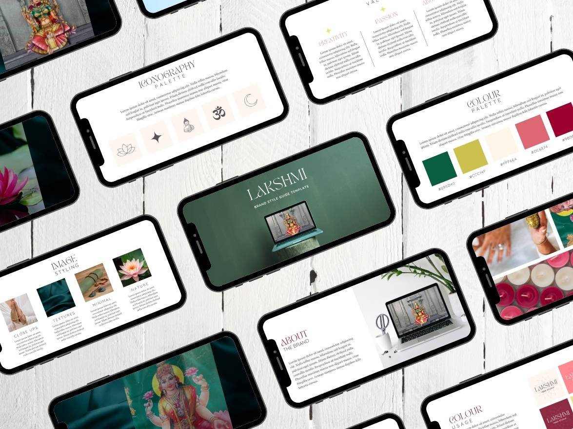 A collection of smart phones with images of my new Lakshmi brand guidelines displayed on them.