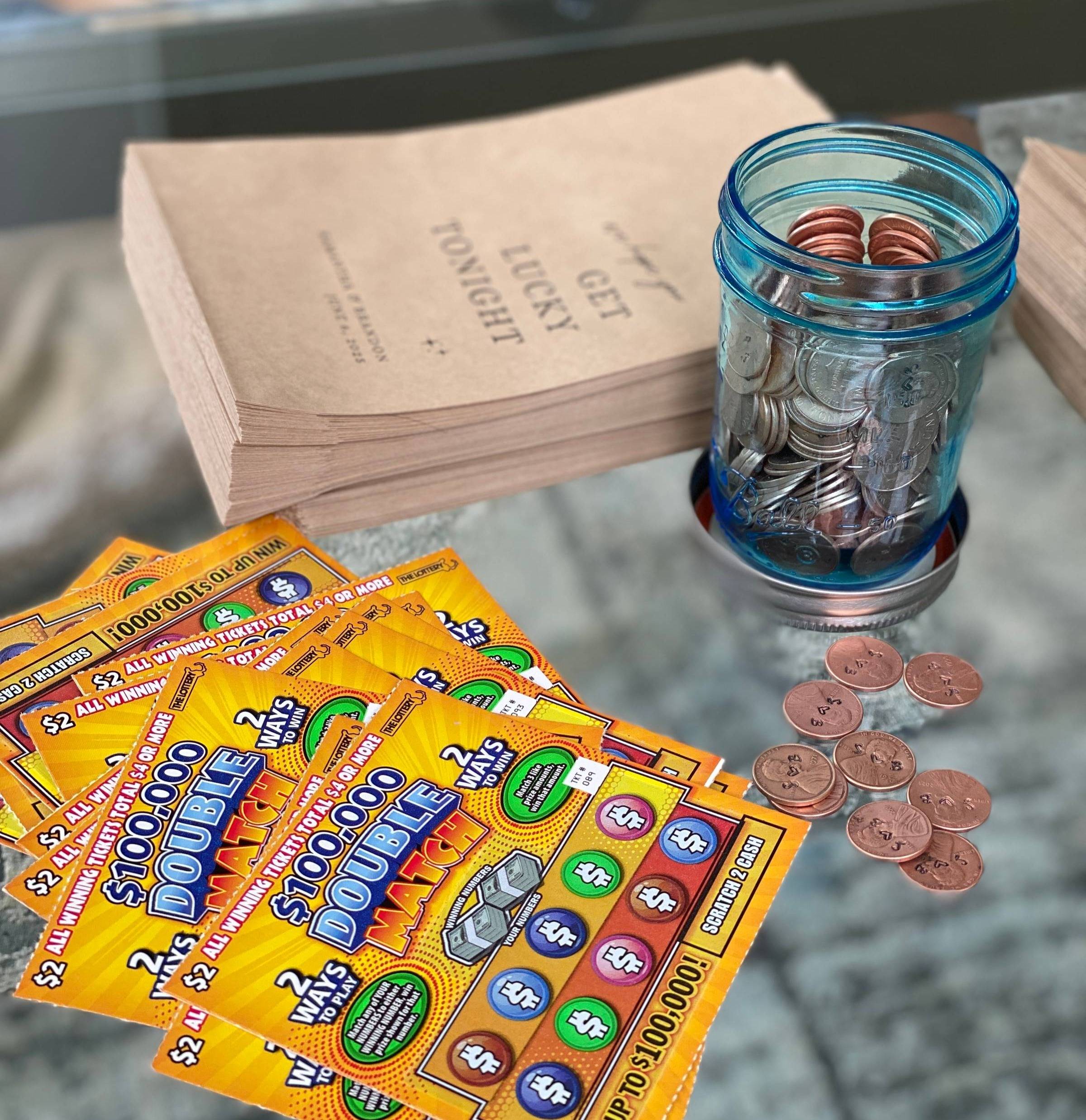 Lucky dip lottery tickets, lucky pennies and party favours