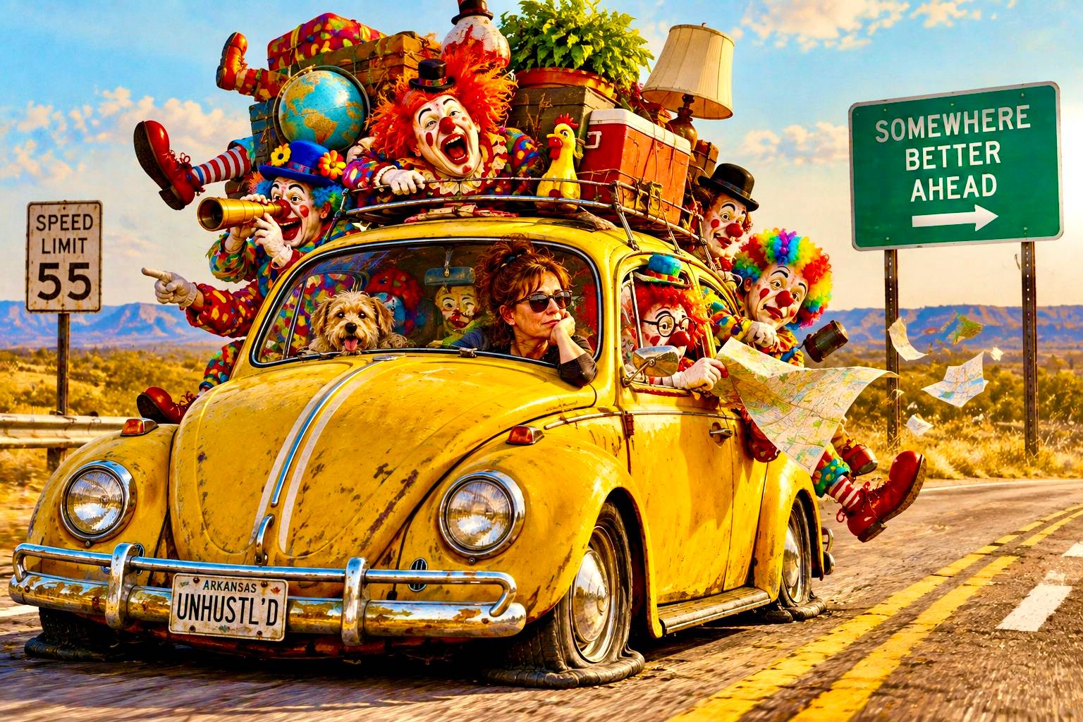 1970s VW Beetle clown car with flat tires headed to better days