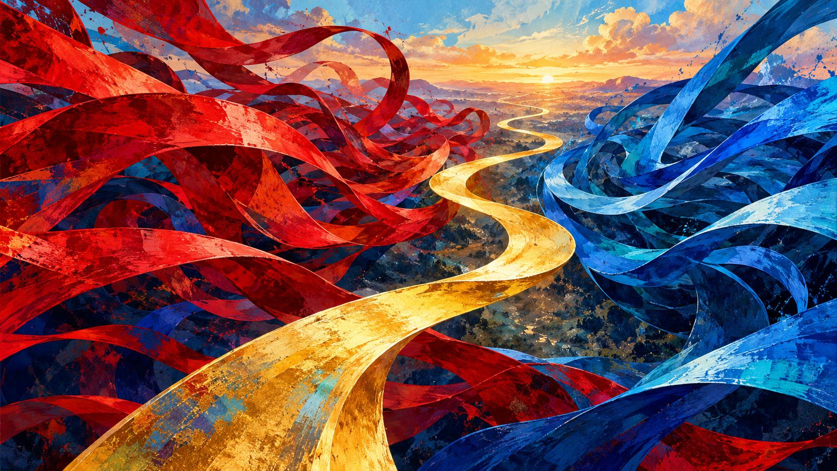 Abstract mixed-media illustration of tangled red and blue ribbons surrounding a winding golden path that leads toward a luminous horizon.