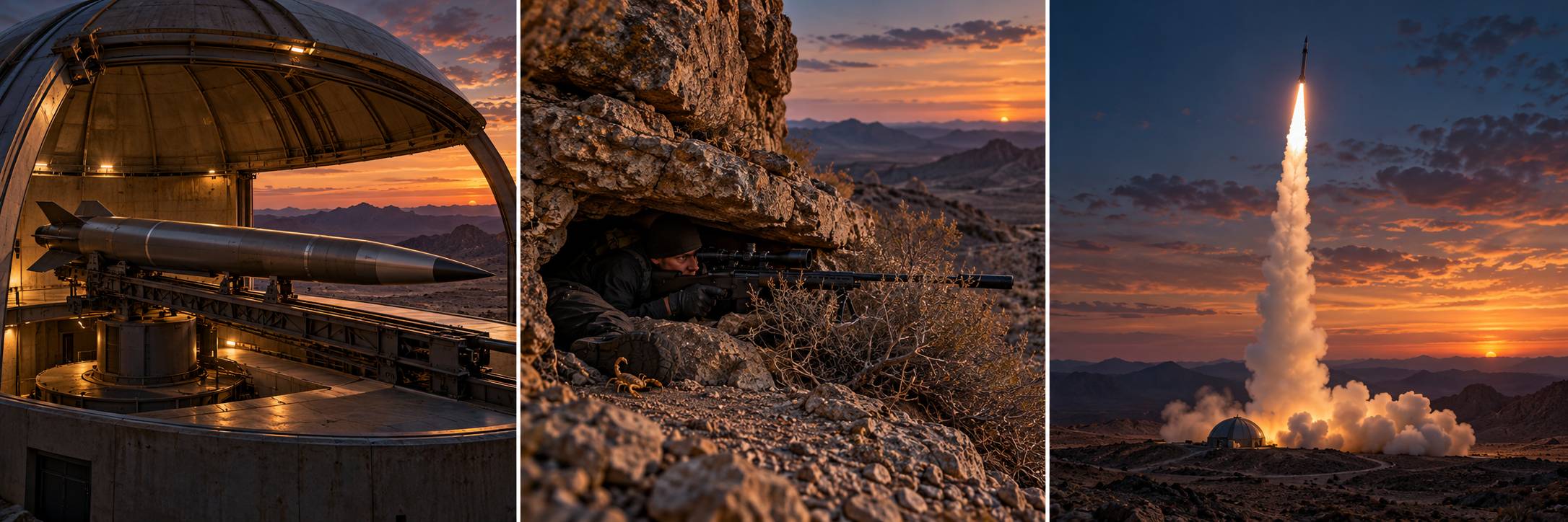 Three illustrated scenes at dusk: a missile on a launch rail, a sniper in a rocky hiding place with a scorpion near his boot, and a missile climbing into the sky.