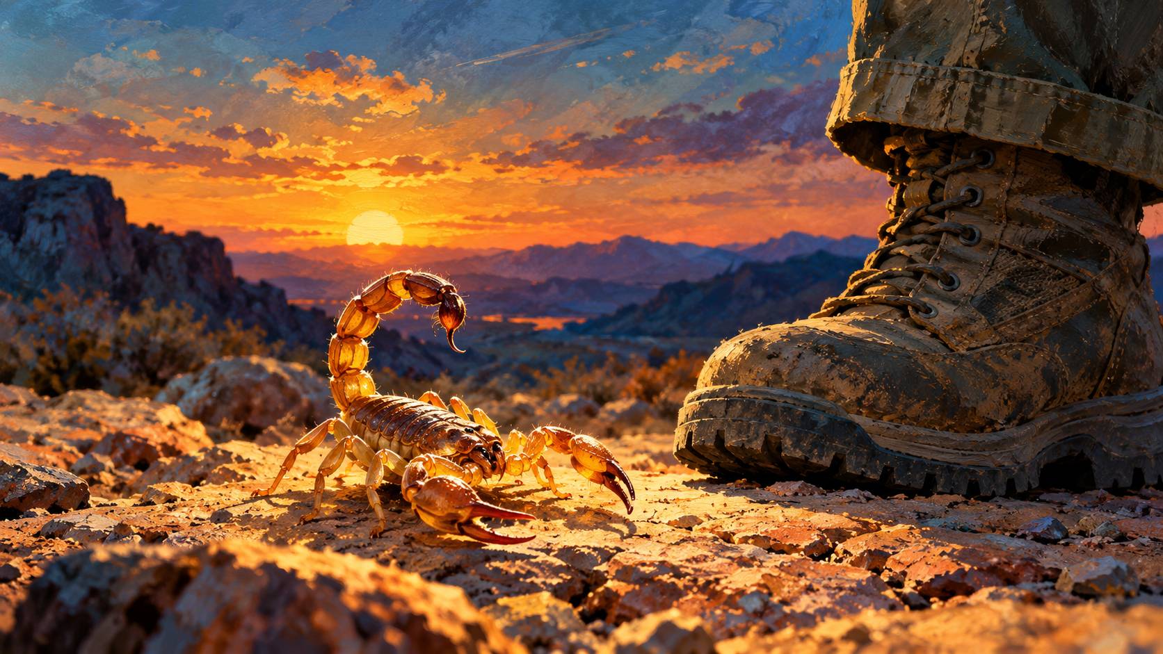 Illustrated scorpion with its tail raised beside a combat boot on rocky desert ground at sunset.