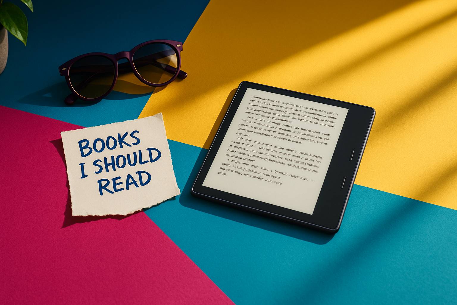 Kindle Scribe w/sticky note "books I should read"