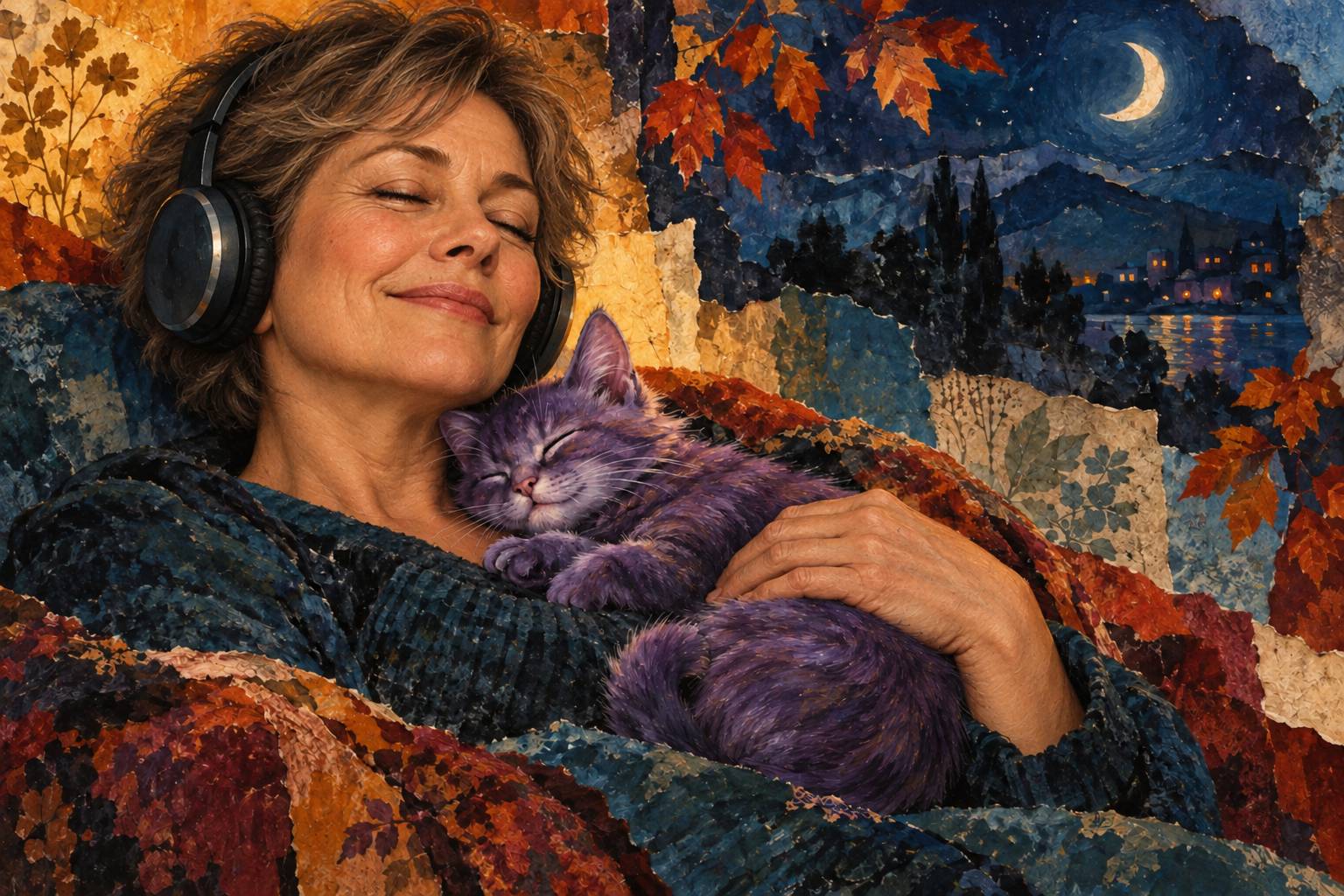 A middle-aged woman wearing headphones rests with a sleeping purple kitten against her chest, surrounded by autumn leaves and a moonlit blue sky.