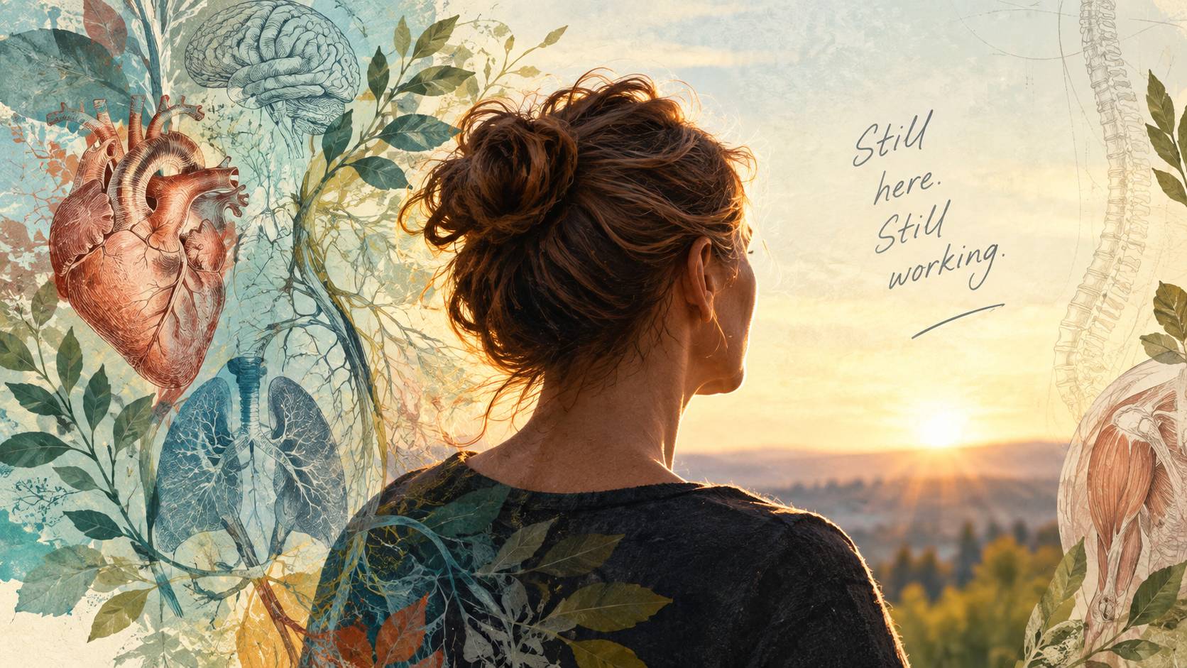 Mixed-media illustration of a woman looking toward a glowing horizon, surrounded by anatomical drawings of the heart, lungs, brain, spine, and muscles, with the words “Still here. Still working.”