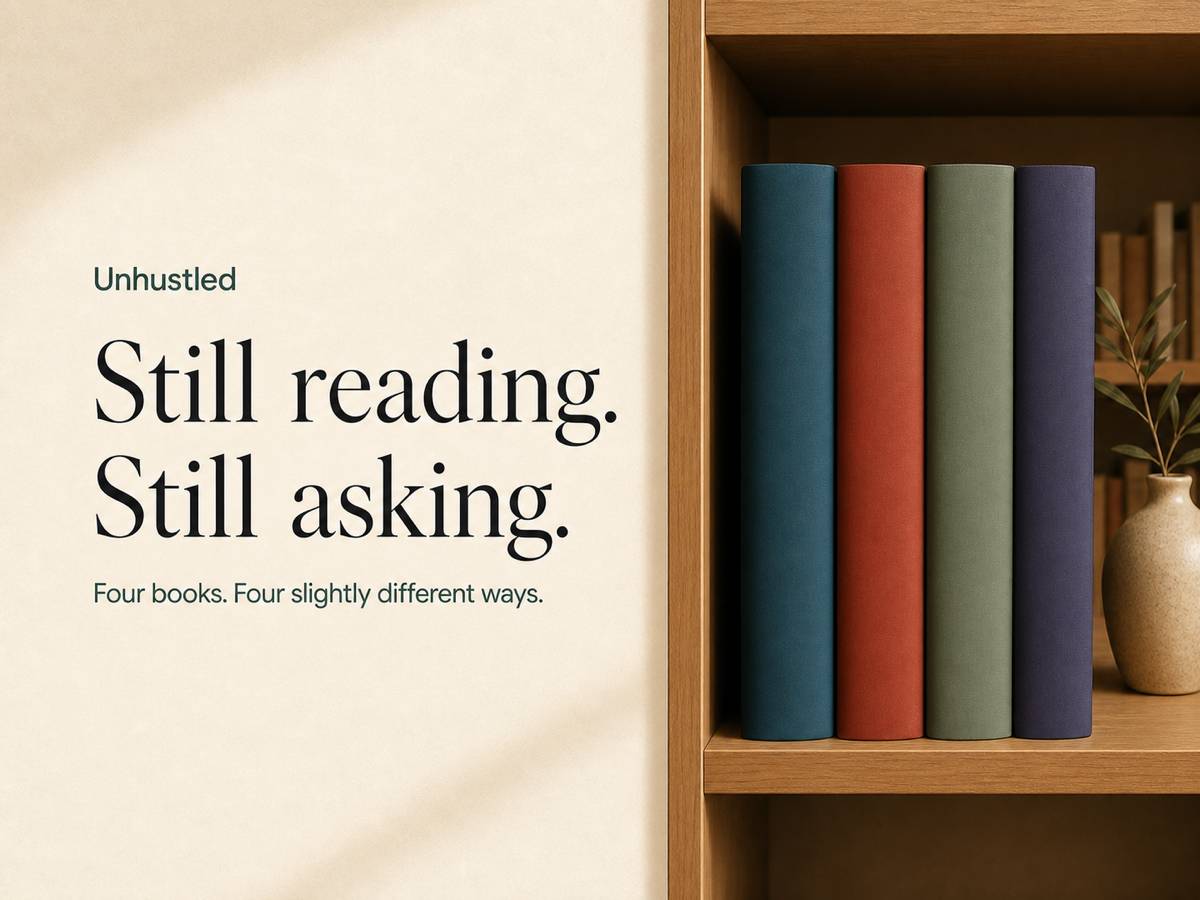 Four colorful books on a wooden shelf beside the words ‘Still reading. Still asking.