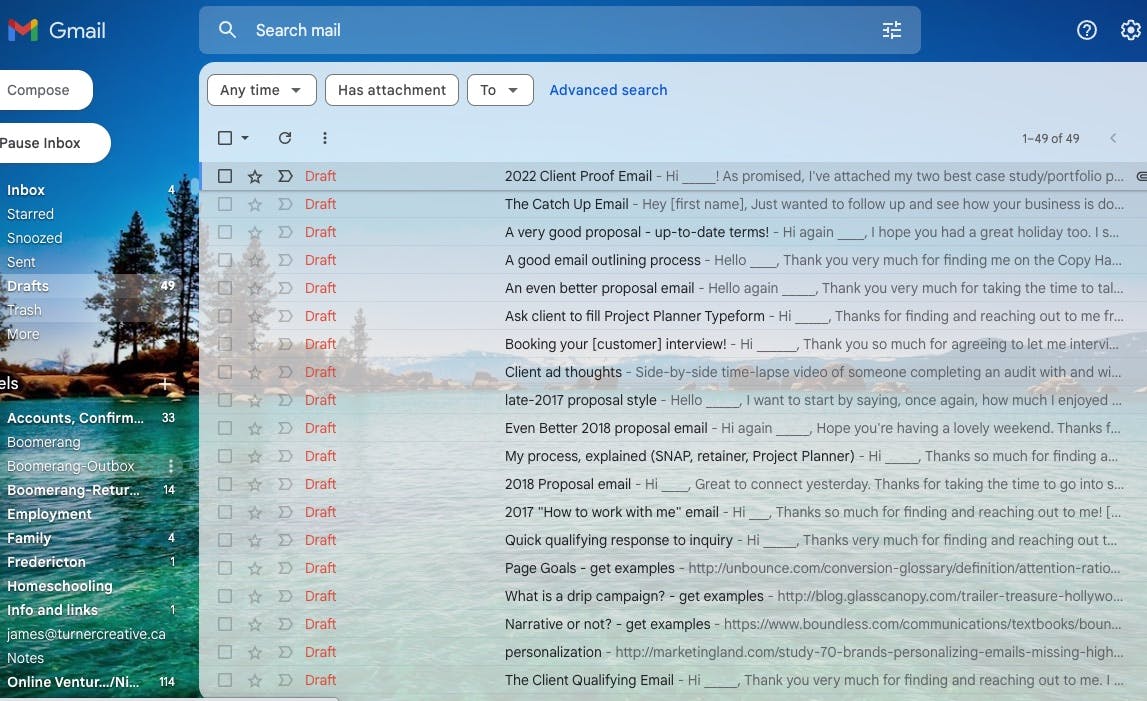 A screenshot of my drafts folder with lots of saved draft emails