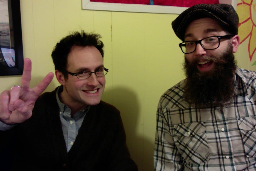 A photo of James Turner and Chris Tompkins from 2016 or so, having just finished recording a podcast episode