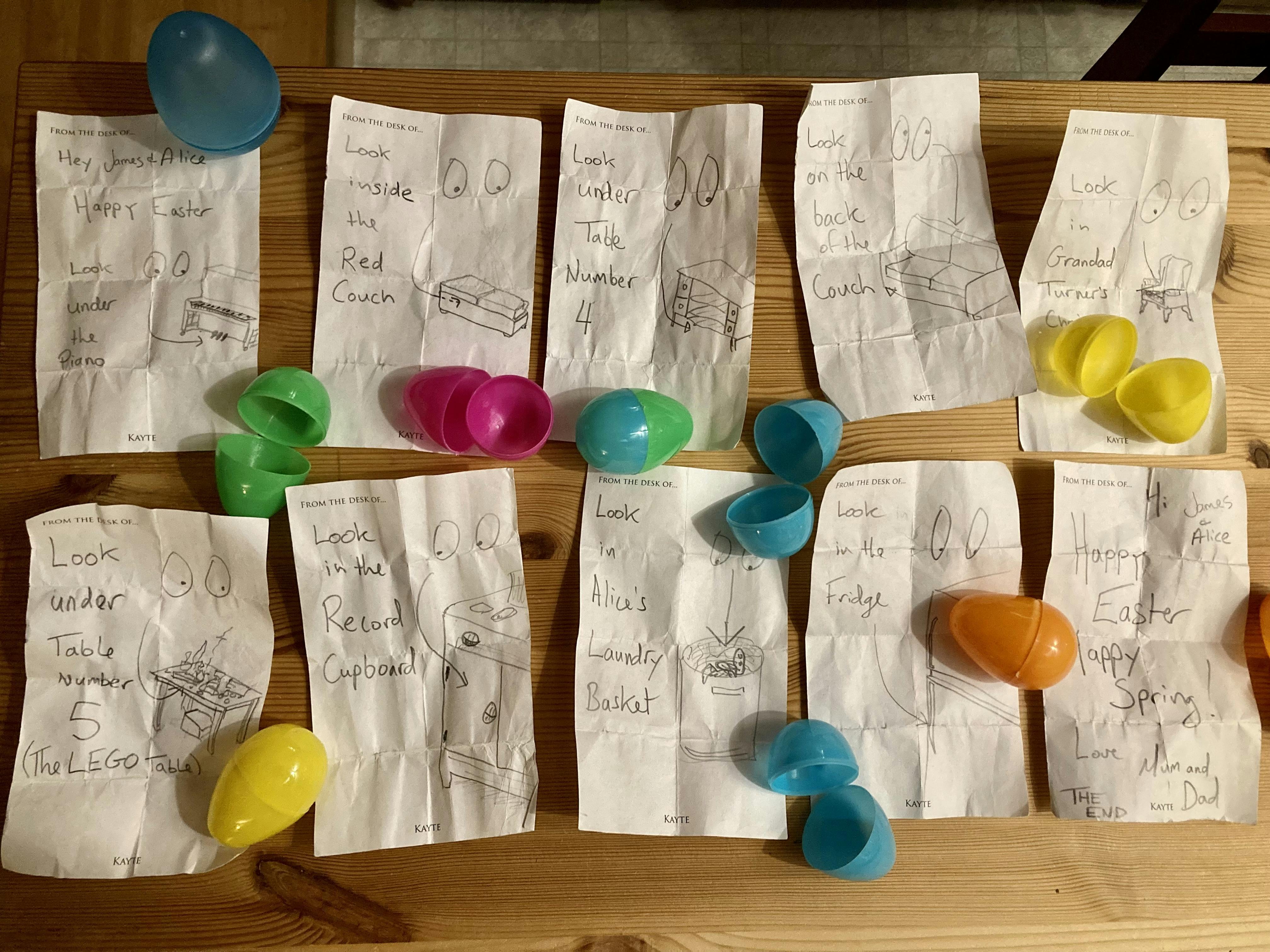 A set of 10 notes with clues leading to the next hiding spot with reusable plastic Easter eggs scattered all about them.