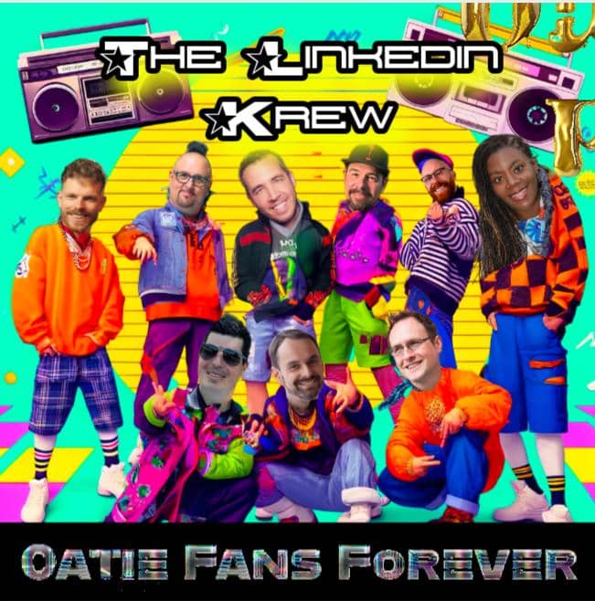 A photoshopped image of The LinkedIn Krew (a band) in the style of New Kids on the Block