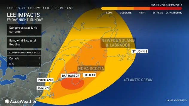 A still from a weather forecast showing Hurricane Lee bearing down on the US and Canadian East Coast.