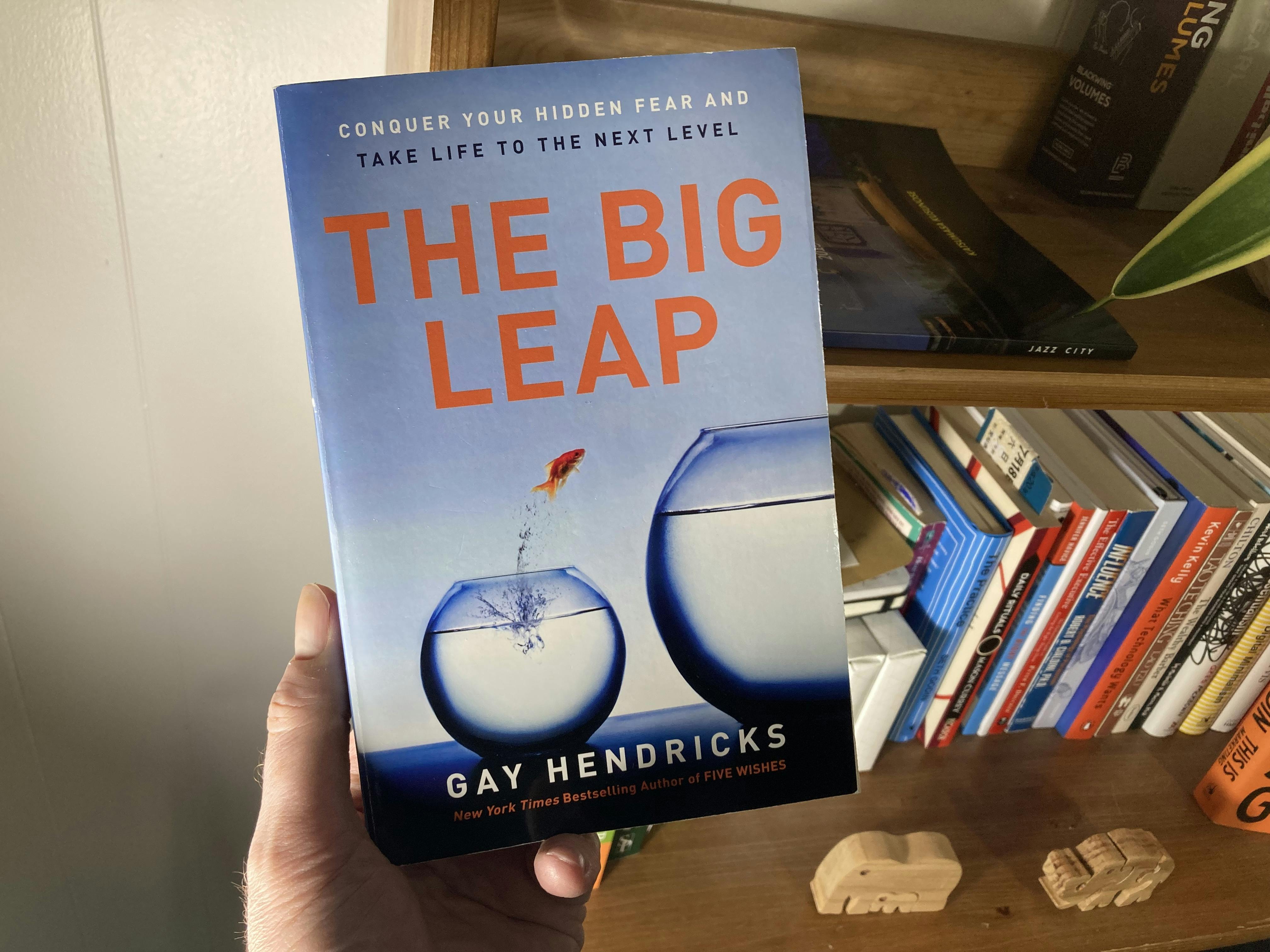 A photo of the book The Big Leap being held in front of a bookshelf.