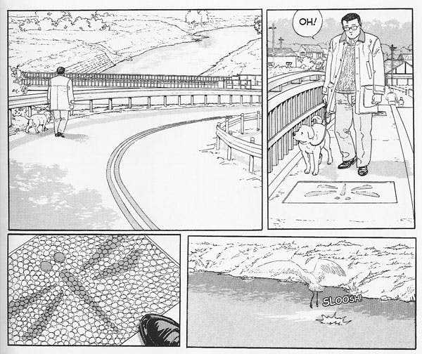 Scenes from a graphic novel showing a man and his dog walking through suburban Tokyo.