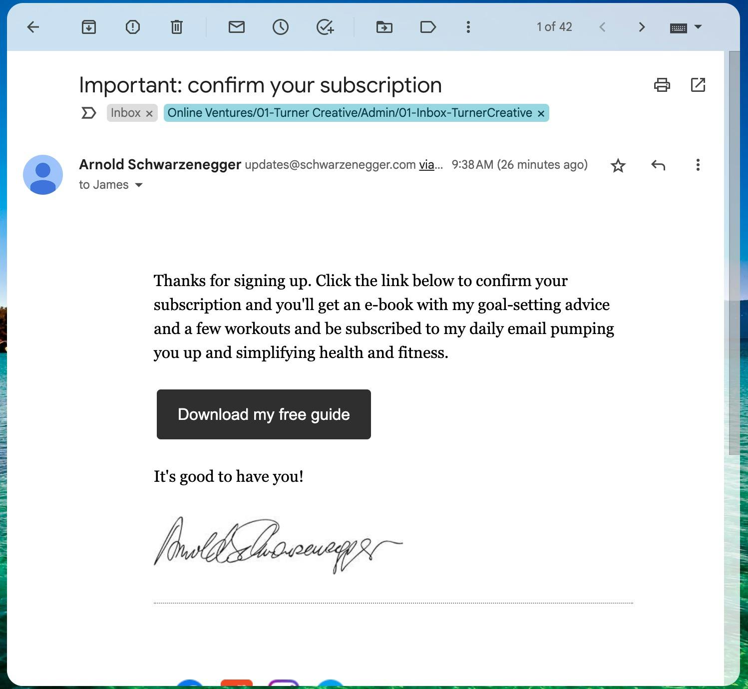 A screenshot of the confirmation email for Arnold Schwarzenegger's email list